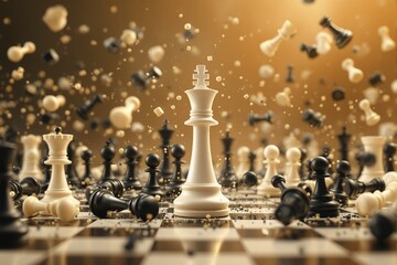 Poster - Chessboard with scattered chess pieces in dynamic motion on golden background.