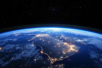 Poster - Earth from space showing illuminated cities as night falls, over Africa and the Middle East, with a starry sky in the background.