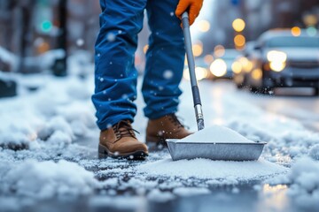 Poster - Worker shoveling snow on a winter street with blurred car lights in the background.