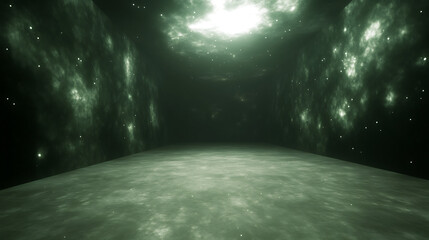 Wall Mural - Vast Abstract Room of Nebula and Stars Creating an Immersive Cosmic Green Hallway Perspective