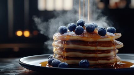 Wall Mural - Stack of pancakes with blueberries and syrup on top, dusted powdered sugar