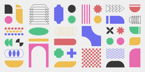 Poster - Abstract retro shapes, basic brutal forms and figures in Y2K aesthetics, vintage stickers, logos, labels. Decorative design elements, vector illustration.