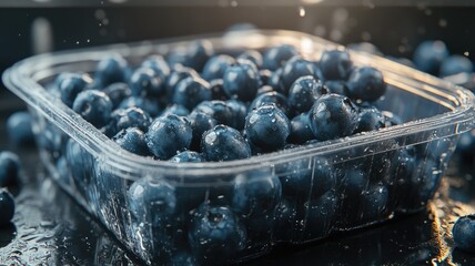 Wall Mural - Fresh blueberries in clear plastic container with water droplets