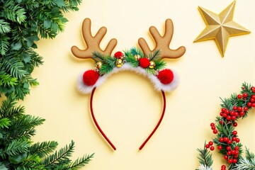 Poster - Christmas reindeer headband with decorations on a yellow background.