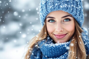Poster - Woman in blue winter attire with snowflakes around her, smiling warmly, set against a blurred snowy background.