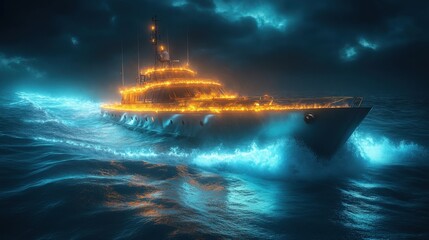 Poster - Illuminated Yacht Navigating Dark Stormy Waters at Night
