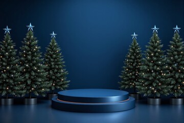 Poster - Festive Christmas trees with blue stars and a central podium on a dark blue background.