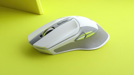 Poster - Compact wireless mouse with an ambidextrous design, placed on a vibrant green background, symbolizing universal usability