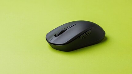 Poster - Compact wireless mouse with a silent click feature, displayed on a bright green backdrop, representing noiseless efficiency
