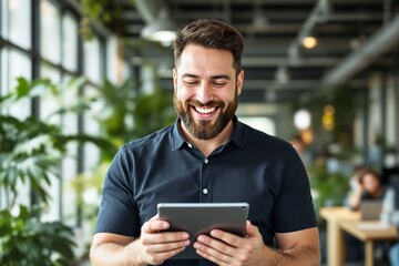 Aufkleber - Smiling man holding a tablet in a bright office space with plants in the background.