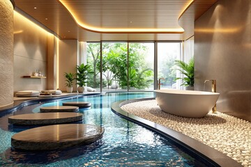 Poster - Luxurious indoor spa with elegant bathtub, floating stone steps over water, soft lighting, and lush greenery enhancing relaxation and harmony.