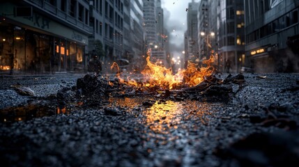 Aufkleber - Cityscape heatwave urban street scene with flames downtown digital art daytime aesthetic impact