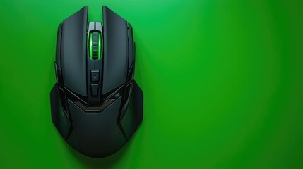 Poster - Ergonomic wireless gaming mouse with RGB lighting, placed on a solid green background, representing precision and style