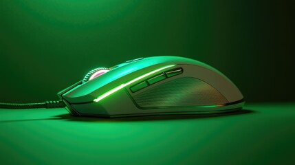 Poster - Ergonomic wireless gaming mouse with RGB lighting, placed on a solid green background, representing precision and style