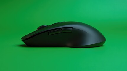 Poster - Ergonomic wireless mouse with a sculpted thumb rest, placed on a green background, symbolizing user comfort