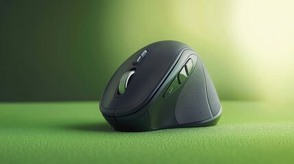 Poster - Ergonomic wireless mouse with a sculpted thumb rest, placed on a green background, symbolizing user comfort