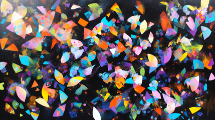Poster - Vivid Confetti Burst Abstract Geometric Shapes Art on Black Backdrop Expressive Colorful Design