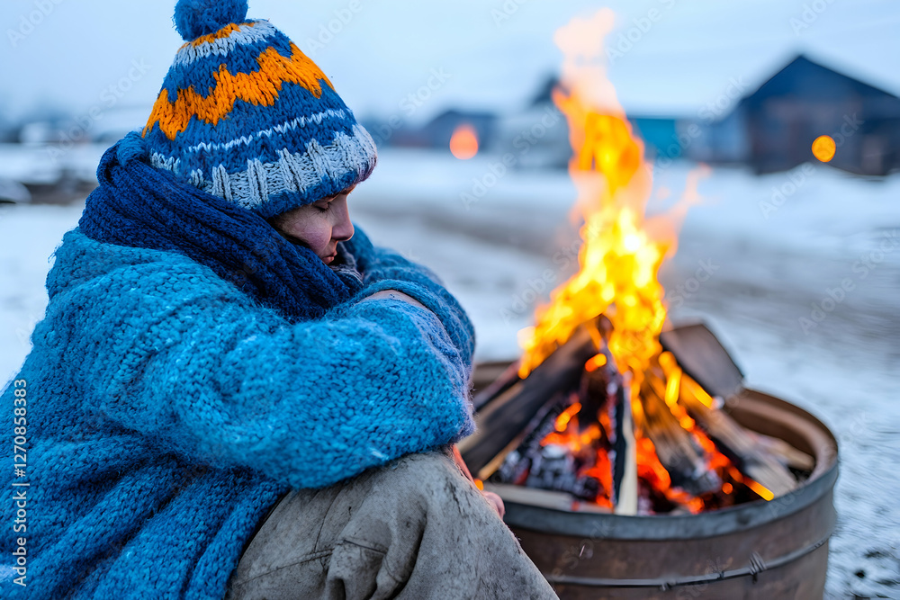 Child warms at winter bonfire, snow, rural background, for cold weather ...