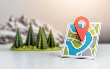 Poster - Map with Pin on Location Map. Location map with red pin over the map showing the location with trees and mountains in the background