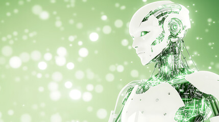 Poster - white futuristic android with glowing green circuits on a light green bokeh background portrait