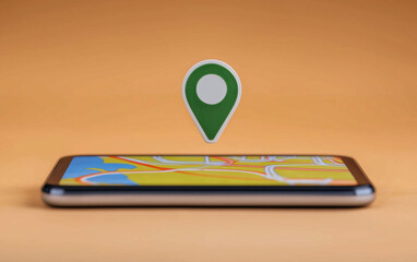 Poster - Smartphone displaying map with location pin above it on orange background. Map on smartphone screen showing location. Location pin above smartphone with map