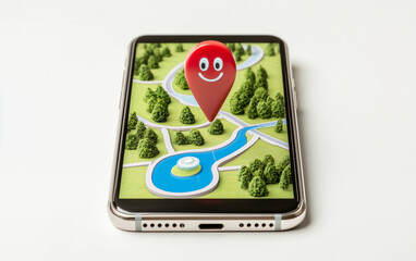 Poster - Smartphone displays map with location pin. Map on smartphone screen shows location with trees and river. Location pin with smiling face on smartphone screen