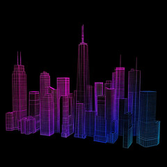 Poster - Wireframe Cityscape A Futuristic Neon Rendering of Urban Architecture and Skyline Visualization