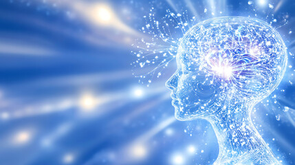 Poster - Wireframe Head Emitting Particles with Radiant Light Beams of Brainpower and Knowledge Illumination