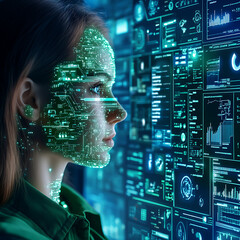 Aufkleber - woman's digital identity overlayed with lines and data interface for cyber security application