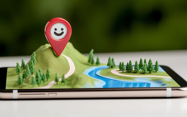 Poster - Smartphone displays map with location pin and trees. Travel technology on smartphone shows location pin and trees. Mobile phone showcases travel map with location pin