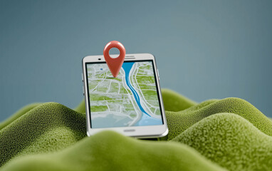 Poster - Smartphone displaying mobile map with location marker on green surface. Mobile map application showing location on smartphone screen. Location marker on mobile map