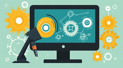 Poster - Innovative automation process digital workspace graphic illustration tech environment front view modern concept design