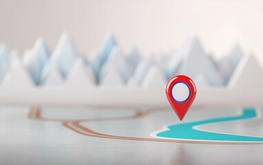Poster - Map pin on a detailed map with location marker and abstract mountains in the background. Location map pin indicates destination on the route with river. Navigation map pin shows direction on the road