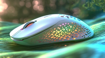 Poster - Lightweight wireless mouse with a futuristic touch-sensitive surface, displayed on a green backdrop, symbolizing innovation