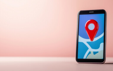 Poster - Smartphone with location map on screen displays red location pin icon. Mobile phone showing map and red location pin. Mobile navigation app