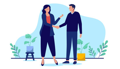 Aufkleber - Man and woman handshake - Two businesspeople male and female shaking hands over deal and business agreements forming partnership for company. Flat design vector illustration on white background