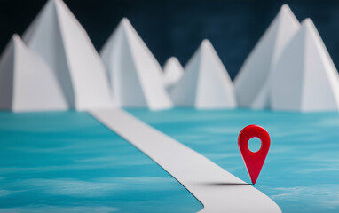 Poster - Map marker on path in water with mountains. Travel marker on location map points the way forward. Location map marker indicates destination