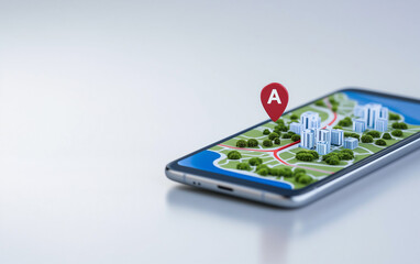 Poster - Smartphone displaying city map with location pin. Map on smartphone screen showing city with buildings and trees. Smartphone with map application