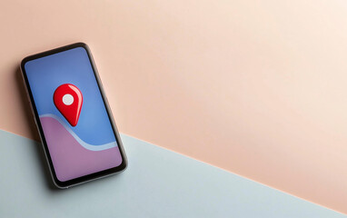 Poster - Smartphone with location icon on screen displaying map location on blue and peach background. Smartphone displaying location icon. Location icon on smartphone