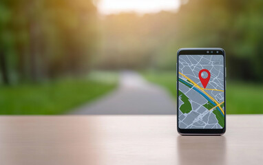 Poster - Smartphone displaying map with location pin on screen stands on table. The mobile phone shows a map with a red location pin. The background is blurred with green trees and a path