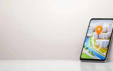 Poster - Smartphone displaying map with location pin on screen. Smartphone showing city map with location marker providing navigation and direction. Mobile phone with map for travel and tourism