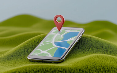 Poster - Smartphone with Mobile Map and GPS Navigation on Green Hills. Mobile map on smartphone display with GPS navigation pin on green hills background