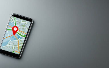 Poster - Smartphone displaying map with location pin for location tracking. Smartphone map shows navigation with location pin on the screen