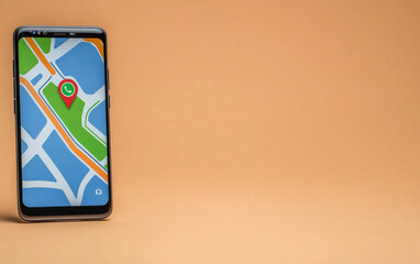 Poster - Smartphone displaying map with location pin. Mobile phone showing map application. Smartphone with map and location marker