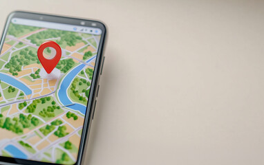 Poster - Smartphone displaying map with location pin. Map on smartphone screen shows location with red pin marker on map. Smartphone map