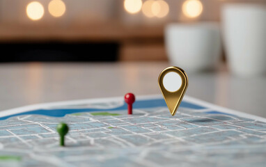 Poster - Map with location marker and pins on a table. Location marker on a map with pins indicates a specific destination