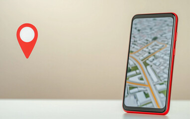 Poster - Smartphone displaying a map next to a location pin. Red smartphone shows a city map with roads and buildings. Location pin is red and white