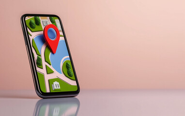 Poster - Smartphone displays location map with red location pin on screen. Location map on smartphone screen showing park area with trees and lake. Mobile navigation app showing location