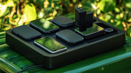 Poster - Multi-device wireless charging station, displayed on a green background, representing efficient power management