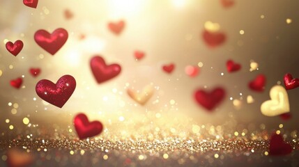 Poster - A warm golden abstract background with softly glowing hearts and red elements, celebrating love and romance.